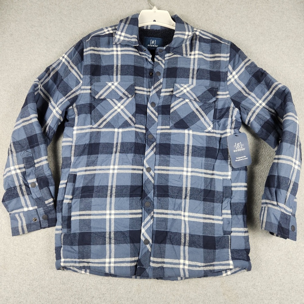 George Flannel Shirt Jacket Mens Small Blue Plaid Sherpa Lined Collar Snap Front